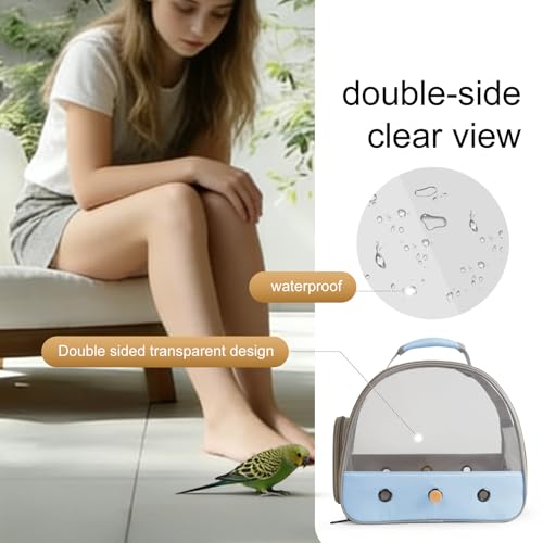 Image of Bird Carrier, Portable Small Bird Parrot Parakeet Carrier with Standing Perch and Stainless Steel Tray, Side Access Window Collapsible (Blue, Clear Windows)
