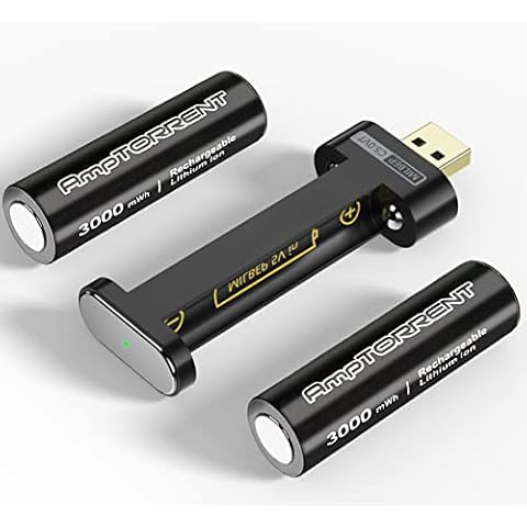 AmpTORRENT Rechargeable Lithium Batteries, 3000mWh Lithium AA Battery, AA Lithium Rechargeable Batteries with Charger, Long Lasting, 1.5V Constant Output, 2 Hour Fast Charging, 1600 Cycles Cover