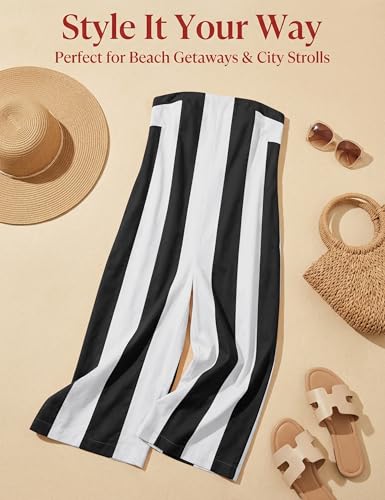 Navonta Comfy Wide Leg Jumpsuits For Women Summer Casual Strapless Striped Romper Loose Sleeveless Beach Outfits with Pockets