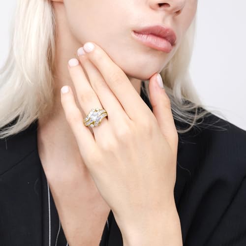 Hoops & Loops 925 Sterling Silver Cubic Zirconia Channel Set Triple Row Stunning Fashion Statement Wedding Bridal Anniversary Ring for Women, Silver, Yellow Gold2