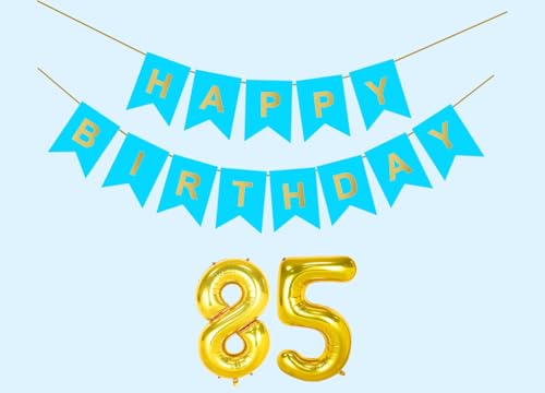 Image of 85th Sky Blue Happy Birthday Decoration Kit for 85 year Old Men Women with Number Eighty-five Party Decorations Decor Celebration Items Item Set Combo Reusable Paper Banner