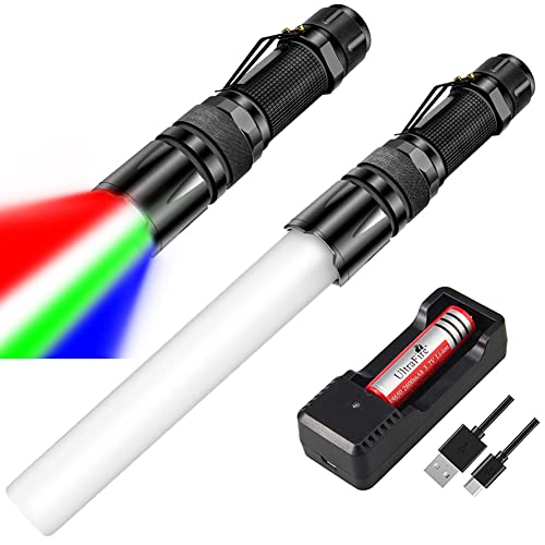 UltraFire Traffic Control LED Flashlight, Signal Traffic Wand Flashlight, Blue Green Red White Light Tactical Hunting Flashlight, with Battery, Charger and Cone (Pack of 2)