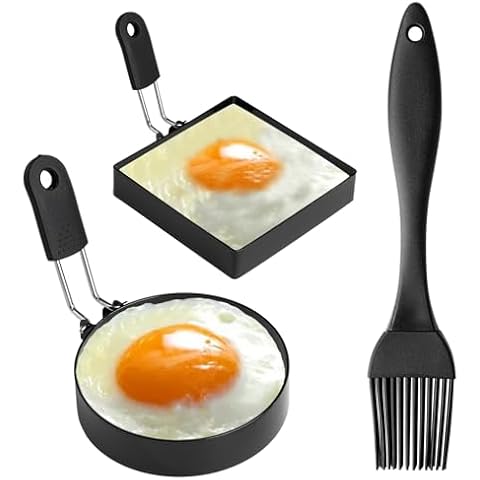 Egg Rings - 4 Inch Stainless Steel Egg Rings with Insulated Silicone Handles for Egg Molds for Breakfast Sandwiches，Bring a Silicone Baking Brush Cover
