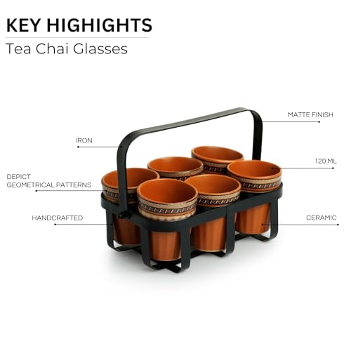 Image of ExclusiveLane 'Geometric' Ceramic Kullad Cups Set of 6 (Microwave Safe, 120 ml Each)|Ceramic Tea Cups Set of 6 Chai Kulhad Chai Cups Cutting Tea Glasses with Stand Kuhlad Cup Set