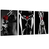 LevvArts - 3 Pieces Sexy Woman Wall Art Black and White Woman Girl with Red Rose Picture Painting Canvas Print Contemporary Artwork for Bedroom Bathroom Decoration Ready to Hang - 48