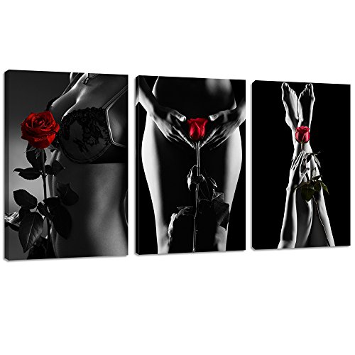 LevvArts - 3 Pieces Sexy Woman Wall Art Black and White Woman Girl with Red Rose Picture Painting Canvas Print Contemporary Artwork for Bedroom Bathroom Decoration Ready to Hang - 48
