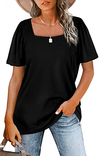 WIHOLL Womens Summer Tops Casual Square Neck Puff Short Sleeve T Shirts
