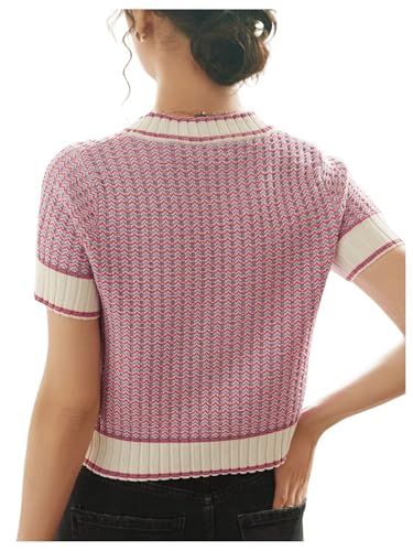 GORGLITTER Women's Short Sleeve Cropped Sweater 2025 Fall Ribbed Knit Striped Pullover Crop Tops2