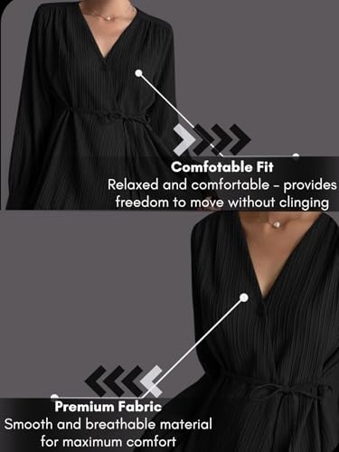 Image of Leriya Fashion Women's V-Neck Pleated Tunic Top - Long Sleeve Drawstring Waist Summer Blouse, Lightweight Casual Shirt for Office, Travel, Daily