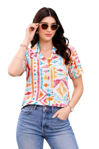 Image of Zilcon Women's Cotton Printedshort Tops for Woman Half Sleeve Hawaiian Top Club Party Disco T-Shirt for Women Stylish, Festival wear, Tops