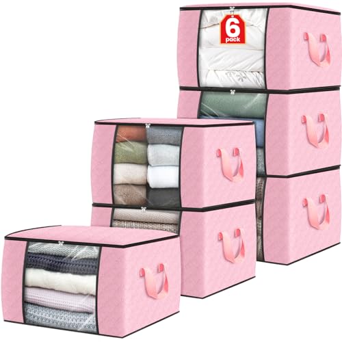 Image of Fab totes 6 Pack Clothes Storage, Foldable Thick Fabric Blanket Storage Bags, Containers for Organizing Bedroom, Closet, Clothing, Comforter, Organization with Handle,Pink