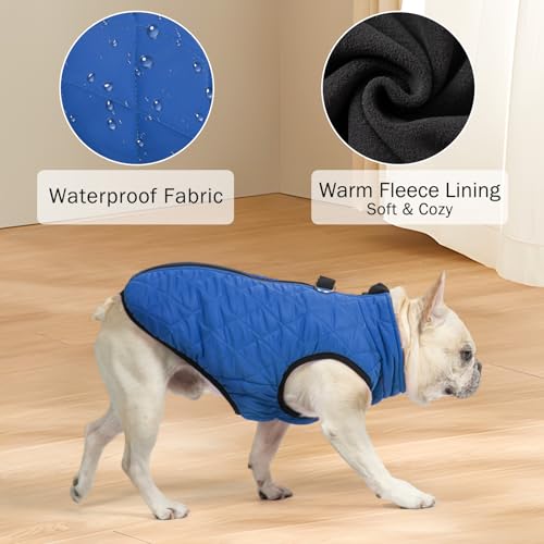Image of SCENEREAL Winter Dog Vest Coat with Harness Built in for Small Medium Dogs | Cold Weather Coat with Zipper, Fleece Puffer Vest Windproof Snow Clothes, Blue S