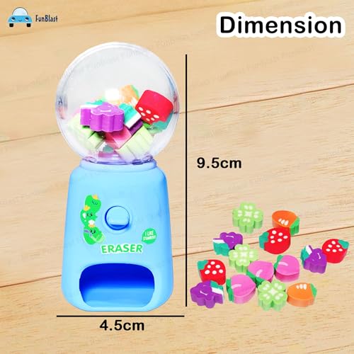 FunBlast Machine Eraser Set – 15 Pcs Fruit Shaped Eraser Dispenser Toy, Mini Kawaii Erasers for Kids, Fancy Erasers for School & Office, Stationery Supplies, Birthday Return Gift for Kids (Blue) - Image 2