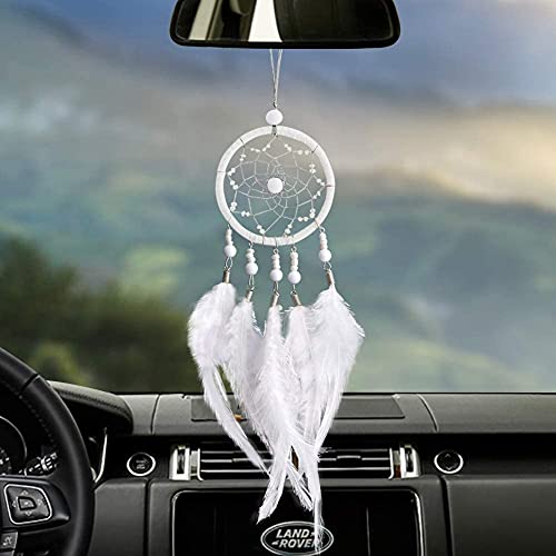 Betylifoy Kleiner Traumfänger Handgemachte Gitter Feder Traumfänger Auto Innen Rückspiegel Hängende Ornament Boho Fenster Hängende Dekorationen Bastelgeschenke (Weiß)