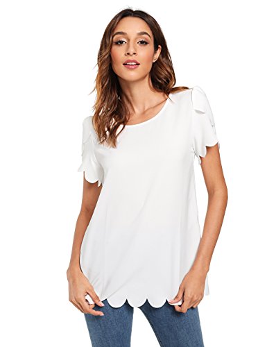Floerns Women s Solid Scallop Hem Round Neck Short Sleeve Blouse Tops White M