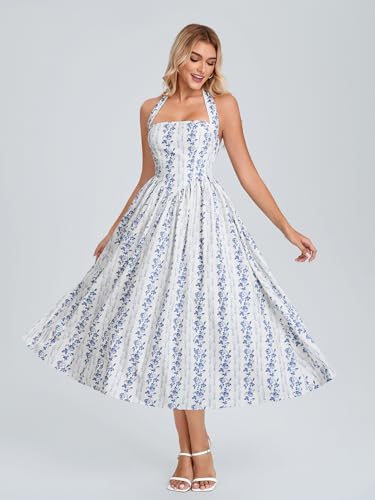 Image of Parthea Women's Floral Halter Corset Midi Dress 2026 Elegant Smocked Flowy Wedding Guest Dresses with Pockets