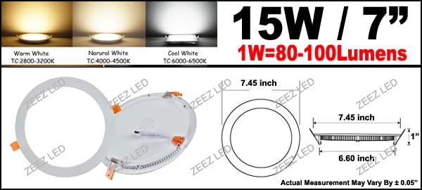 ZEEZ 4 Pack LED Recessed Lighting 7 Inch (OD 7.45" / ID 6.60"), 15W Round Ceiling Down Light Fixture, Non-Dimmable Canless Natural/Neutral White Can Lights, Ultra-Thin Panel Wafer Pancake Downlight