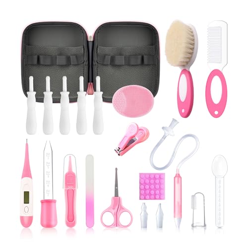 Image of Baby Healthcare and Grooming Kit, 21 in 1 Portable Baby Essentials Kit with Gas Relief Hair Brush Comb Nasal Aspirator for Newborn Boys Girls (Pink)