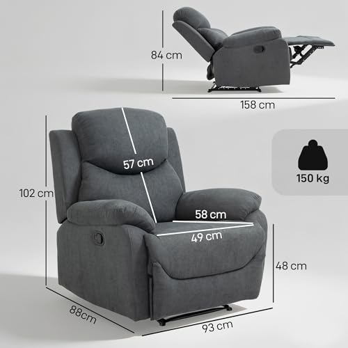 HOMCOM Sillón Reclinable de Salón Sillón Relax Reclinable Manual con Reposabrazos y Reposapiés Carga 150 kg Sofá Relax para Salón Dormitorio Gris - imagen 3