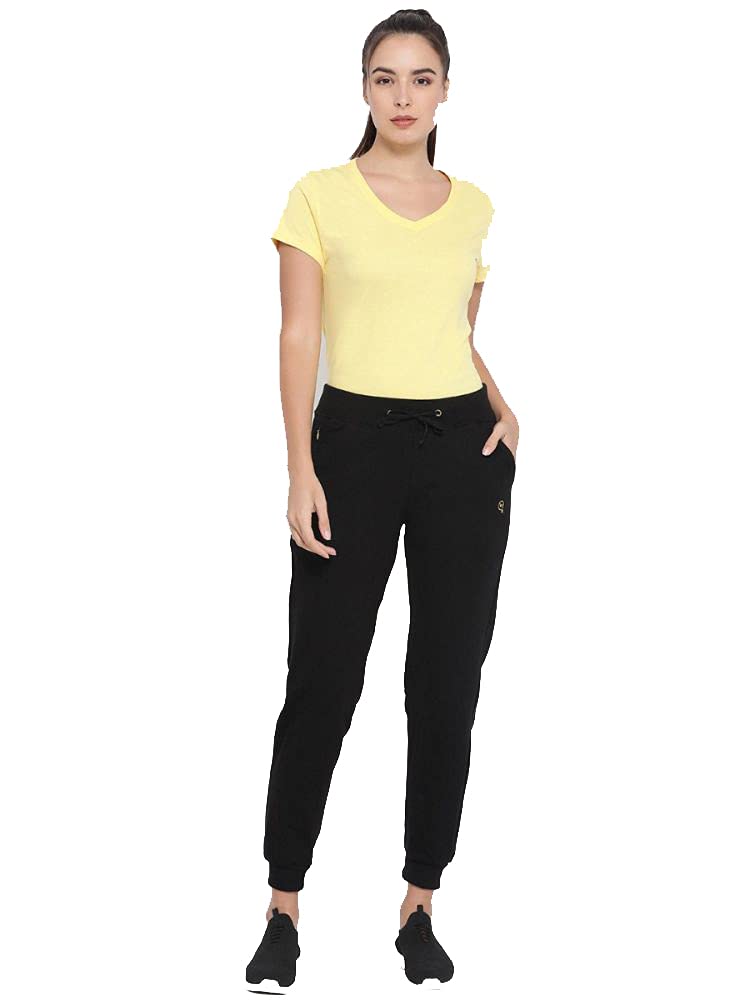 Macrowoman Active Plain Pants for Women in Cotton Rich Fabric, Low Waist Women's Trousers with Front Pockets for Gym, Yoga & Leisure, Black, XL, Pack of 1 3