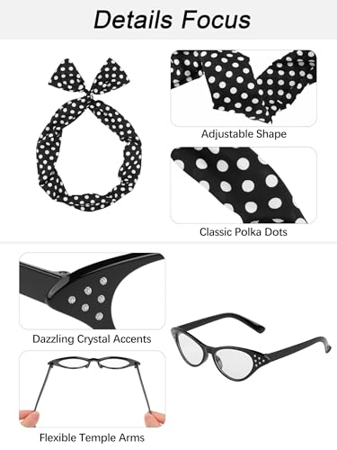Aneco 6 Pack 50s Set Chiffon Scarf Cat Eye Glasses Bandana Tie Headband Earrings