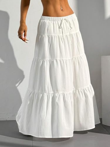 Image of Jawdrobe Women's Georgette Ruffle Hem Long Flared Skirt Lightweight Soft Fabric| High-Waisted Ruffled Maxi Plain and Pleated Skirt