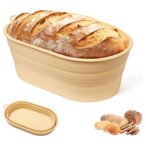 Silicone Bread Proofing Basket - 10 inch Oval Sourdough Bread Baking Basket with Capacity Scale, Collapsible Bread Bowls Silicone Proofing Baskets for Sourdough Bread Baking Kitchen Making (Beige) Cover