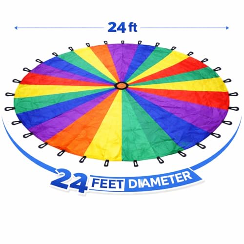 Image of Fitfix 24 Feet Rainbow Kids Play Parachute Game | Colorful Outdoor & Indoor Activity Toy for Schools, Kindergarten & Parties | Durable Polyester Cooperative Team Play Parachute for Boys & Girls