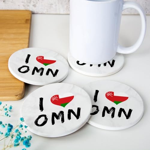 Lot de 4 sous-verres ronds en céramique avec motif drapeau national d'Oman avec inscription « I Love Oman » - Pour décoration de cuisine, table basse