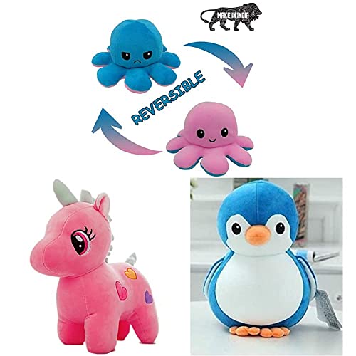 Image of Babique Octopus Sitting Plush Soft Toy (17cm) + Unicorn Teddy Bear Plush Soft Toy (25cm, Pink) + Penguin Teddy Bear Plush Soft Toy Kids Birthday Animal Baby Boys /Girls (28cm,Blue) - (Set of 3 Toys)