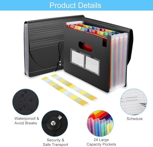 MonQi Große Kapazität 24 Fächer A4 Sortiermappe mit Deckel + 3 wasserdichte A4-Reißverschlusstaschen, A4 Akkordeon Aktenordner Dokumentenmappe Regenbogen Aktenordner für das Haus Büro Schule