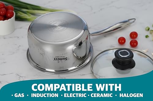 Image of Sumeet Cook Smart TriPly Stainless Steel Induction Base Saucepan with Glass Lid - 1.7 LTR - 16Cm, Pack of 1, Silver