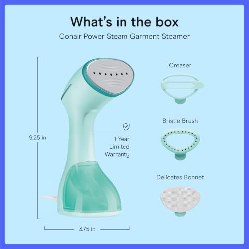 Conair Power Steam Garment Steamer, Clothes Steamer Handheld with Ceramic Soleplate, Clothing Steamer, 35-Second Heat-Up, 15-Minute Steam, Fabric Attachments, Mint Green - image 9