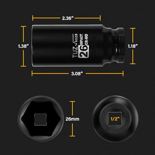 Image of 1 /2 Inch Drive 26mm Deep Metric Impact Socket,CR-MO,6 Point Radius Corner Design,Square Chamfered Opening,Axle Nut Impact Grade Socket for Easy Removal