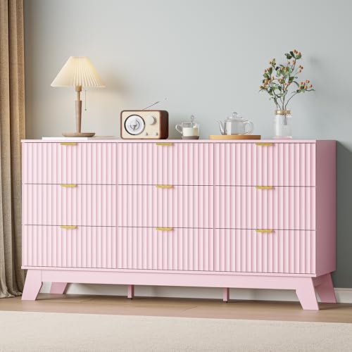 Image of Pink Dresser 9 Drawer Dresser for Bedroom, 57''Wide Fluted Wooden Dresser Storage Cabinet and Chest of Drawers with Metal Handle, Storage Organizer for Living Room, Hallway, Entryway