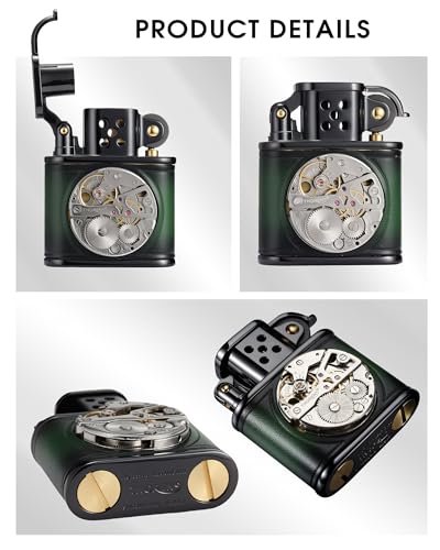 Encendedor mecánico de latón y cuero verde y negro miniatura 4