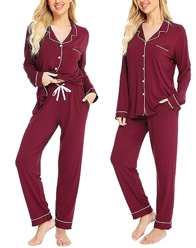 Image of SWOMOG Womens Pajamas Set Long Sleeve Sleepwear Button Down Nightwear Soft Cotton Pj Lounge Sets