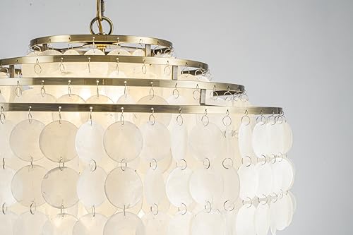 ALOADECOR W 22in 6-Light Farmhouse Coastal Capiz Seahells Chandelier 4-Tier Vintage Natural White Seashell Hanging Light in Antique Gold for Dining Room Living Room - Image 4