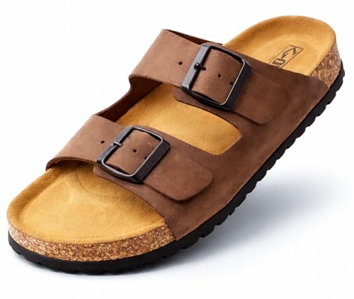 GONKOS®, Sandalias de Piel con Hebillas, Piel Autentica, Corcho Natural, Hebillas ajustables al Pie, Sandalias Hombre/Mujer, Sandalias de Calidad Hechas en España, Color Marron Talla 45