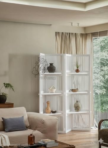 Image of Wooden Partition Divider for Living Room, Partition Wall, Privacy Divider, Freestanding Folding Panels for (6 Feet 4 Panel with 3 Shelve) (6 Feet 4 Panel White with 3 Shelves)