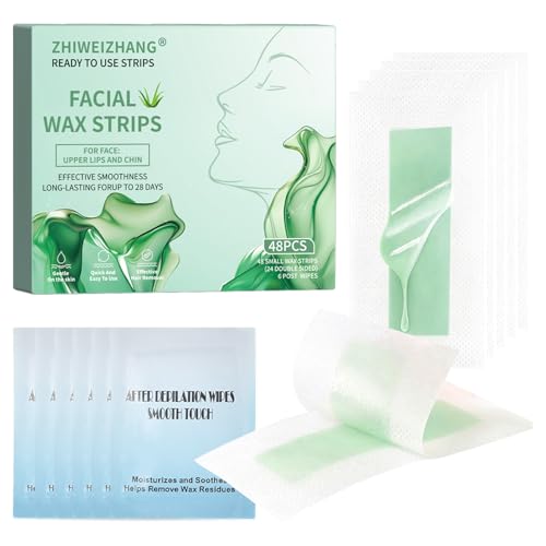 48 PCS Facial Wax Strips for Hair Removal on Face & Body | Gentle Aloe Vera Extract Formula for...