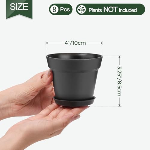 T4U 4 Inch Plant Pots 8-Pack - Small Plastic Planter With Drainage Hole And Saucer, Decorative Nursery Pot Bulk For African Violet, Snake Plant thumb #1