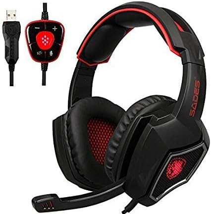 Spirit Wolf USB 7.1 Surround Sound Gaming Headset Headphones with Microphone Volume Control Breathing LED Lights for PC (Black Red)