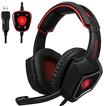 Sades Spirit Wolf USB 7.1 Surround Sound Gaming Headset Headphones with Microphone Volume Control Breathing LED Lights for PC (Black Red)