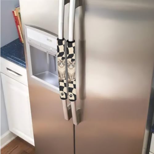 Image of Refrigerator Door Handle Covers Set of 6 Washable Kitchen Appliance Decor Handles Keep Clean Anti-Slip Fridge Accessories Home Decor, Cute Cat Plaid Black Beige