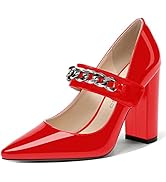 WAYDERNS Womens Dress Patent Wedding Mary Jane Pointed Toe Metal Chain Solid Velcro Block High He...