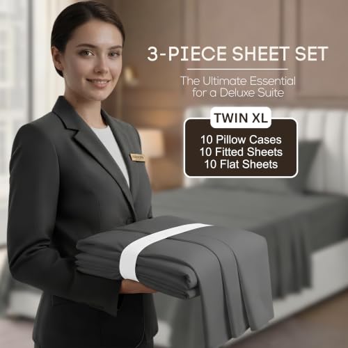 Image of 10-Pack Twin XL Size Hotel Sheet Set, Soft Brushed Microfiber Commercial Sheets, Resort Quality Bedding, Deep Pocket, Shrink & Fade Resistant, Easy Care, Grey