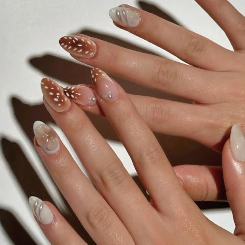 Medium Almond Press on Nails Fall Brown Deer Print 3D Flower Fake...