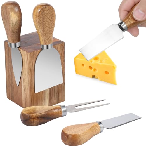 Cheese Cutter Set 4 Stainless Steel Cheese Cutter Utensils with 1 Magnetic Acacia Wood Holder Charcuterie Board Accessories with Cheese Spatula Fork Stright Cutter Triangle Cutter for Cream Cheese ?