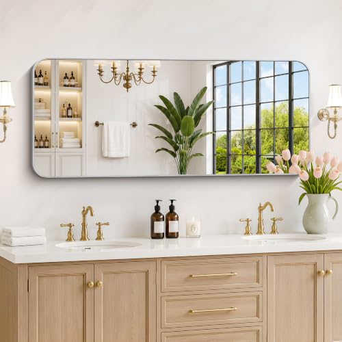Image of DESBING 55 inchx24 inch Bathroom Mirror for Over Sink, Silver Framed Wall Mirror | High-Definition Shatterproof Vanity Mirror with Rounded Corner for Bedroom Living Room Entryway Horizontally or Vertically